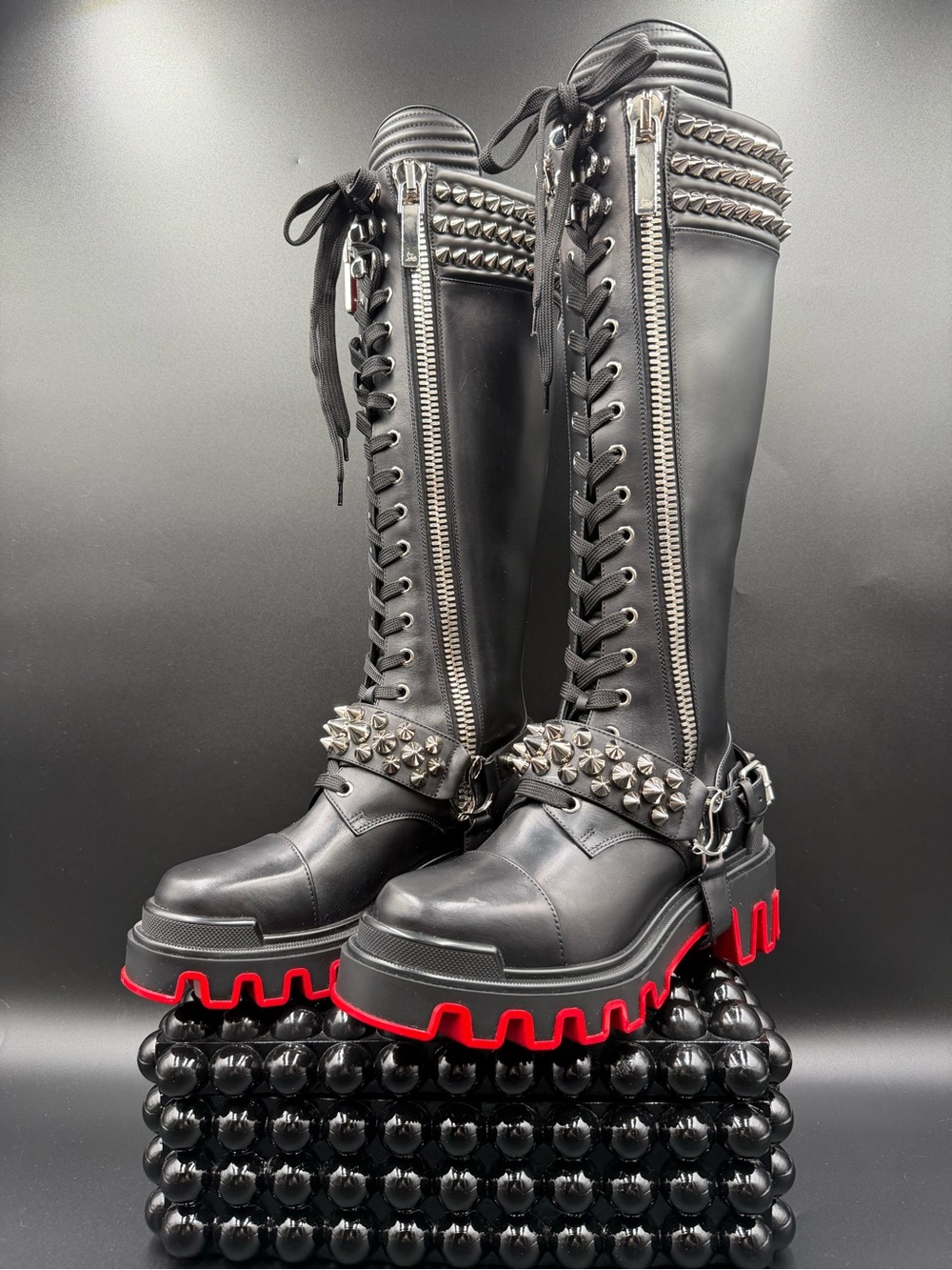 Christian Louboutin Black Over-the-Knee Lace-Up Combat Boots with Red Lug Sole - Picture 2 of 4